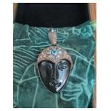 Vintage Art Deco Black Glass Face Pendant with Rhinestone Crown