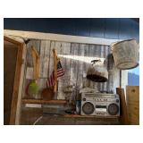 Carport Wall (Purchaser must remove)-Cast Iron Skillet/ Old bucket/Meat Grinder/Boom Box/Misc.- CPW1