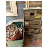 Plastic Tool Box/ Caddy w/ Mini Drawers & Contents/ Peg Board Hangers/Can of bolts- CP1T