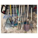 Miscellaneous Garden Tools w/ Rakes/ Shovels/ Post Hole Digger- CP2
