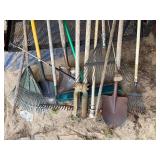 Miscellaneous Garden Tools w/ Rakes/ Shovels/ Post Hole Digger- CP2