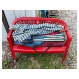 Red Plastic Bench/ Folding Chairs/ Umbrella- ESoGS