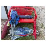 Red Plastic Bench/ Folding Chairs/ Umbrella- ESoGS