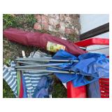 Red Plastic Bench/ Folding Chairs/ Umbrella- ESoGS