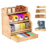 tonchean 5-Tier Stackable Wall Mount Tea Bag Organizer with Drawer, Tea Storage Organizer for Cabinet & Countertop - Natural Bamboo and Acrylic Tea Holder, Large Capacity Holds 300+ Tea Bags