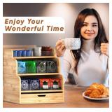 tonchean 5-Tier Stackable Wall Mount Tea Bag Organizer with Drawer, Tea Storage Organizer for Cabinet & Countertop - Natural Bamboo and Acrylic Tea Holder, Large Capacity Holds 300+ Tea Bags
