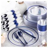 Goodluck 700 Piece Dark Blue Plastic Dinnerware Set for Party, Clear Disposable Plates for 100 Guests, Include: 100 Dinner Plates, 100 Dessert Plates, 100 Pre Rolled Napkins with Cutlery Set, 100 Cups