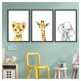 Baby Safari Nursery Wall Art Decor 24x16 Inch Set of 3 Wood Framed Cute Animal Giraffe Elephant Lion Prints Sign Kids Boys Girls Room Bedroom Jungle Animal Pictures Wall Hanging (Black)