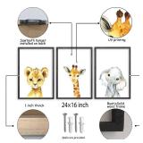 Baby Safari Nursery Wall Art Decor 24x16 Inch Set of 3 Wood Framed Cute Animal Giraffe Elephant Lion Prints Sign Kids Boys Girls Room Bedroom Jungle Animal Pictures Wall Hanging (Black)
