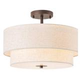 Bargeni 16\" Semi Flush Mount Ceiling Light, 3-Light Drum Ceiling Light Fixture, Oil Rubbed Bronze with Double Linen Fabric Shade, Modern Light Fixtures Ceiling Mount for Bedroom, Living Room, Entrywa