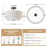 Bargeni 16\" Semi Flush Mount Ceiling Light, 3-Light Drum Ceiling Light Fixture, Oil Rubbed Bronze with Double Linen Fabric Shade, Modern Light Fixtures Ceiling Mount for Bedroom, Living Room, Entrywa