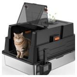 Extra Large Enclosed Stainless Steel Cat Litter Box with Lid - XXXL Giant Metal Enclosed High Sides Litter Boxes for Multi-Cat Households and Overweight Cats - Black