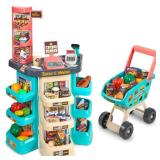 MEDca Kids Play Supermarket Set with Scanner - Pretend Play Grocery Shop Set - 47 Piece Complete Playset with Cash Register Credit Card Machine Scanner Shop Trolley and Food Gift for Boys and Girls