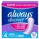 Always Discreet Adult Incontinence Pads for Women, Moderate Absorbency, Long Length, Postpartum Pads, 162 Count (3 Packs of 54)