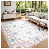 LIVEBOX Washable Oushak Rug 8x10 Large Cream Colorful Boho Rugs for Living Room, Soft Vintage Bedroom Rug Ultra-Thin Turkish Floral Carpet Stain Resistant Rugs for Dining Room Guest Room Home Decor