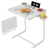 Adjustable TV Tray Folding Dinner - White Trays for Eating On Couch Wooden Tables Mate Stand Foldable Desk with Cup Holder Portable
