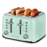 Roter Mond Toaster 4 Slice Retro Stainless Steel with Extra Wide Slots Bagel, Defrost, Reheat Function, Dual Independent Control Panel, Removable Crumb Tray, 6 Browning Levels, Aqua Green