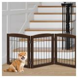 LZRS 3-Panel Freestanding Foldable Wooden Dog Gate âSolid Wood & Steel Wire Chew-Resistant Indoor Safety Pet Fence for Doorways & Stairs, Ideal for Small to Medium Dogs & Puppies, Walnut