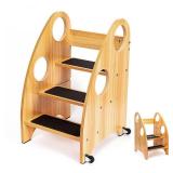 StrongTek Kids Step Stool, Step Ladder with Wheels & Safety Handles, 3-Tier Wooden Toddler Standing Tower, Convertible Chair with Non-Slip Steps, 350 lbs Capacity for Kitchen & Bathroom