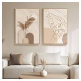 Large Framed Neutral Abstract Wall Art for Living Room, 2 Piece Tan and Cream Beige Canvas Prints Paintings Artwork for Walls, Woman Silhouette Big Pictures for Bedroom Dining Room Office Wall Decor