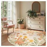 jinchan 5ft Round Floral Area Rug for Bedroom - Washable Soft Non-Slip Flower Rug Circle 5