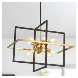 HONGREN Modern Square Lartern Chandelier Large Industrial Chandelier 24\" Black & Gold Pendant Light Fixture for Dining Room Kitchen Island Entryway Farmhouse