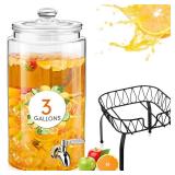Honeydak 1 Pack 3 Gallon Glass Beverage Dispenser with Stand and Spigot Leakproof Glass Drink Beverage Storage for Parties Mason Jar Dispenser with Lids