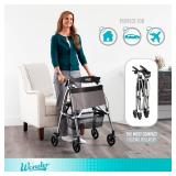 Stander Wonder Rollator Plus Short, Lightweight Junior Folding Mobility Aid for Petite Adults, Seniors, and Elderly, Collapsible Travel Rolling Walker with Four Wheels and Seat, Regal Rose