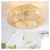 zheshirui 20\" Boho Caged Ceiling Fan with Lights Flush Mount, Low Profile Rattan Ceiling Fans with Lights and Remote Control, Enclosed 6 Speeds for Bedroom, Living Room, Kitchen