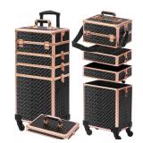 Somduy Rolling Makeup Case, Makeup Train Case with Lid, 5 in 1 Cosmetology Case on Wheels, Christmas Gift, Large Makeup Organizers, Profesional Cosmetic Case for Salon Barber, Black gold