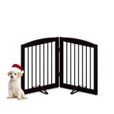 PUPETPO Freestanding Pet Gate for Dogs, Foldable Wooden Dog Gate for House, Indoor Pet Barrier for Stairs, Doorways, Support Feet Included, 24\" Height 2 Panels, Brown