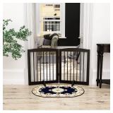 PUPETPO Freestanding Pet Gate for Dogs, Foldable Wooden Dog Gate for House, Indoor Pet Barrier for Stairs, Doorways, Support Feet Included, 24\" Height 2 Panels, Brown