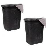 Mind Reader 50L Slim Laundry Hamper, Set of 2, Clothes Basket, Lid, Wicker Design, Plastic,  Black