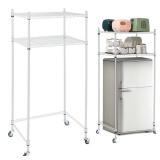 Tandefio 2 Tier Mini Fridge Stand with Storage for Dorm Microwave Stand Over Mini Fridge Storage Shelf with Wheels Adjustable Height Organizer for Kitchen College Rooms Pantry(White)
