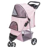 TRIXIE Foldable Pet Stroller for Cats and Dogs, Pet Carrier Strolling Cart with Weather Cover, Storage Basket, Cup Holder, Pink
