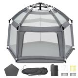 Baby Playpen with Self-Inflating Play Mat & Travel Bag, Portable Outdoor Playpen for Babies and Toddlers, Foldable Pop Up Play Tent for Home, Park, Beach and Camping (Grey)