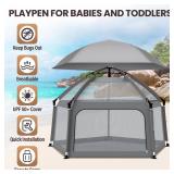 Baby Playpen with Self-Inflating Play Mat & Travel Bag, Portable Outdoor Playpen for Babies and Toddlers, Foldable Pop Up Play Tent for Home, Park, Beach and Camping (Grey)