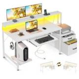 AODK Computer Desk with Drawers and Keyboard Tray, 48\" Office Desk with Power Outlet and LED Lights, Reversible Study Work Desk with Printer Shelf and PC Stand for Home Office, White