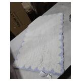 Peri Home Scalloped Bath Rug - Soft & Absorbent 100% Cotton Tufted Bath Mat, 20\" x 30\", White with Blue Scallop
