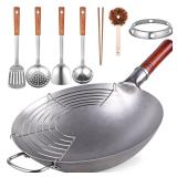 Teewe Carbon Steel Wok Traditional Hand Hammered - 13.4\" Chinese Woks Round Bottom Wok Pan Set with 8 Pcs Cookware Accessories