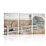 Apicoture Farmhouse Decor Wall Art - Country Windmill Teal Barn Art Canvas Wall Decor Farm Picture Framed Wall Art For Walls,16" x24" x3 Large Panels