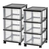 IRIS USA Plastic 3-Drawer Storage Organizer Rolling Cart, with Wheels Casters, 2-Pack, for Classroom Art Supplies Bathroom Dorm Bedroom Laundry Room, Slim Narrow, Black/Clear
