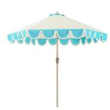 Tempera 9ft Scalloped Beige Spliced Blue Patio Umbrellas with Fringe, Market Umbrellas with Water-Resistant and Fade Resistant Canopy, 1.5\" Wood Pole & Button Tilt