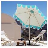 Tempera 9ft Scalloped Beige Spliced Blue Patio Umbrellas with Fringe, Market Umbrellas with Water-Resistant and Fade Resistant Canopy, 1.5\" Wood Pole & Button Tilt
