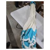 Tempera 9ft Scalloped Beige Spliced Blue Patio Umbrellas with Fringe, Market Umbrellas with Water-Resistant and Fade Resistant Canopy, 1.5\" Wood Pole & Button Tilt