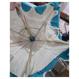 Tempera 9ft Scalloped Beige Spliced Blue Patio Umbrellas with Fringe, Market Umbrellas with Water-Resistant and Fade Resistant Canopy, 1.5\" Wood Pole & Button Tilt