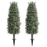 Artificial Boxwood Topiary Trees with Ground Spike Set of 2, Outdoor Faux Boxwood Topiaries Cone Bushes Trees Fake Shrubs Plants Front Porch Decor Outside Garden