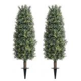 Artificial Boxwood Topiary Trees with Ground Spike Set of 2, Outdoor Faux Boxwood Topiaries Cone Bushes Trees Fake Shrubs Plants Front Porch Decor Outside Garden