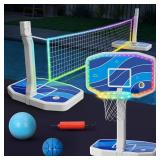 Jocoevol Pool Basketball Hoop and Volleyball Net 2 in 1 LED Light Up Swimming Pool Basketball Hoop Outdoor Poolside Basketball Goal Pool Toys Pool Games Activities