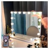 FENCHILIN Vanity Mirror with Lights and Bluetooth Speaker 22.8\"x 18.1\" Makeup Mirror Lighted Hollywood Mirror with 15 Dimmable LED Bulbs USB Charge Port, 3 Color Lighting Modes